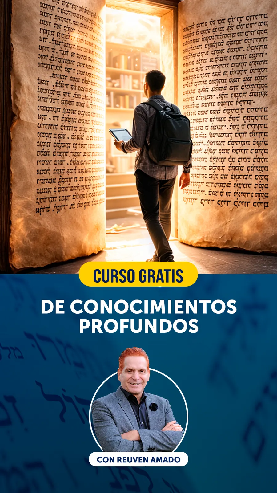 Estudiante entrando por un gran libro abierto de escrituras hebreas